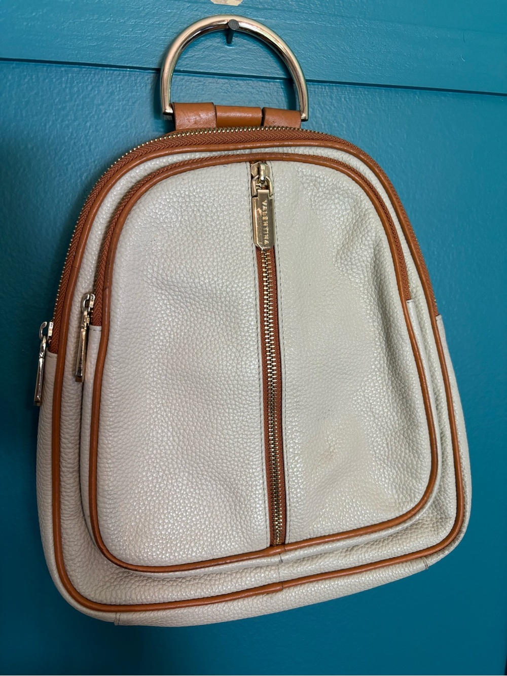 Valentina Cream & Tan Pebbled Mini Backpack W/Gold Hardware & Convertible Strap
